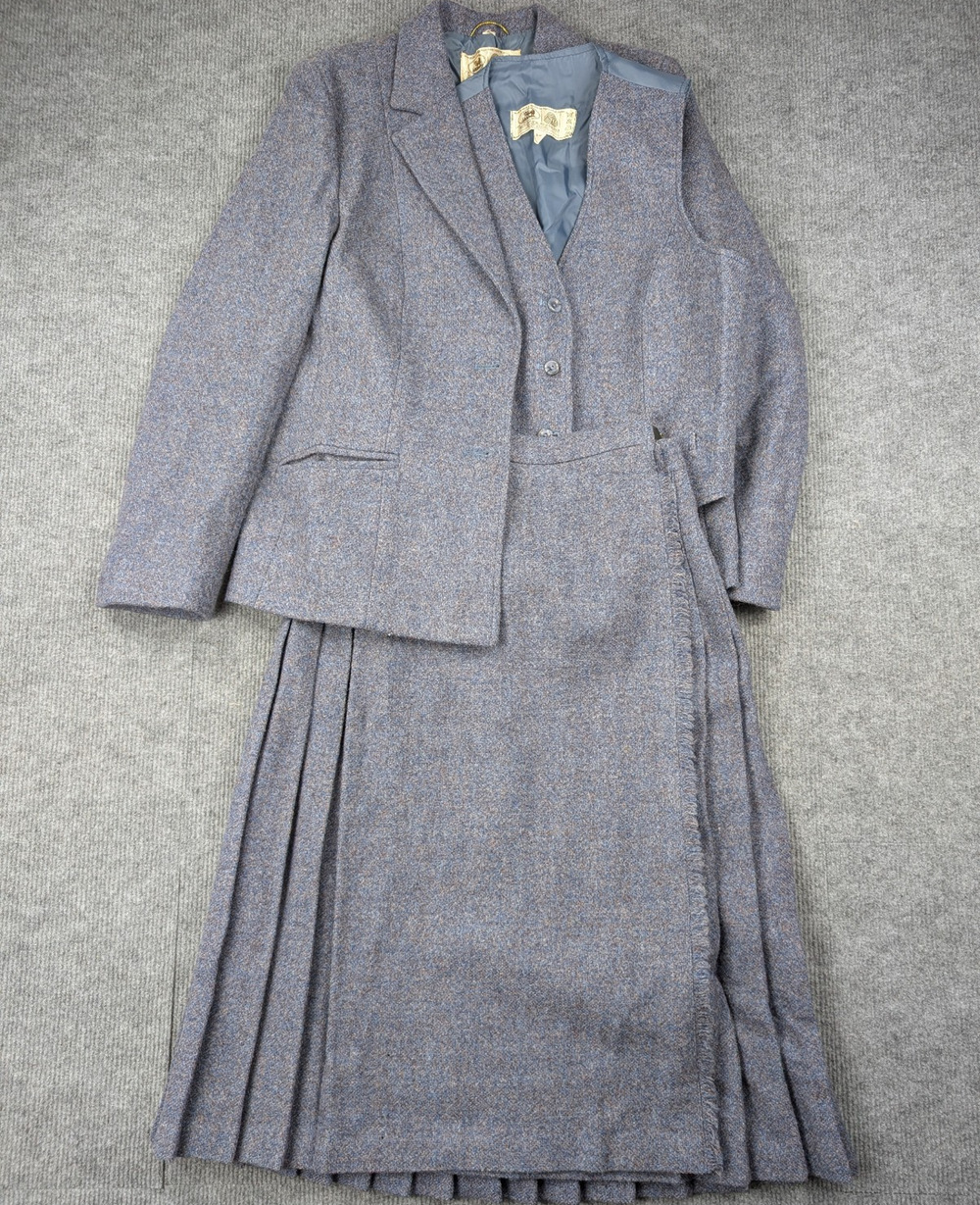 Edinburg Woollen Mill Skirt Suit Set Women 10 3 Piece Vintage Blue Pleated Retro